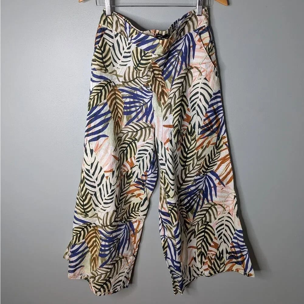 TAHARI 100% Linen Tropical Print Wide Leg Elastic Waist Palazzo Pants size L